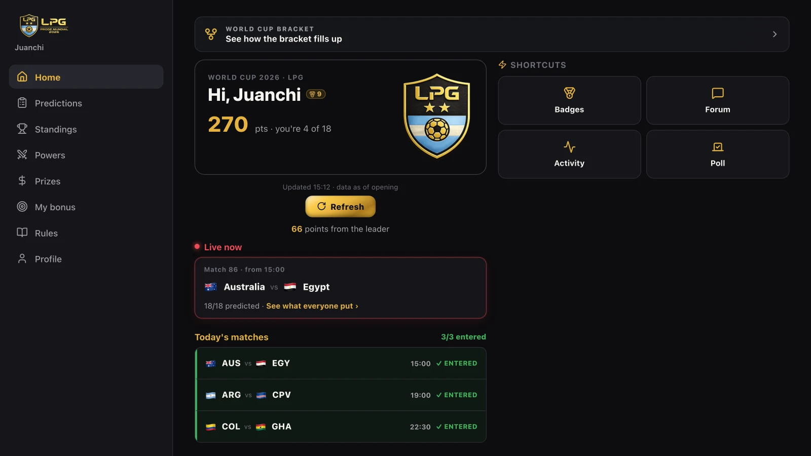 Home screen with the player's points, position and the matches of the day
