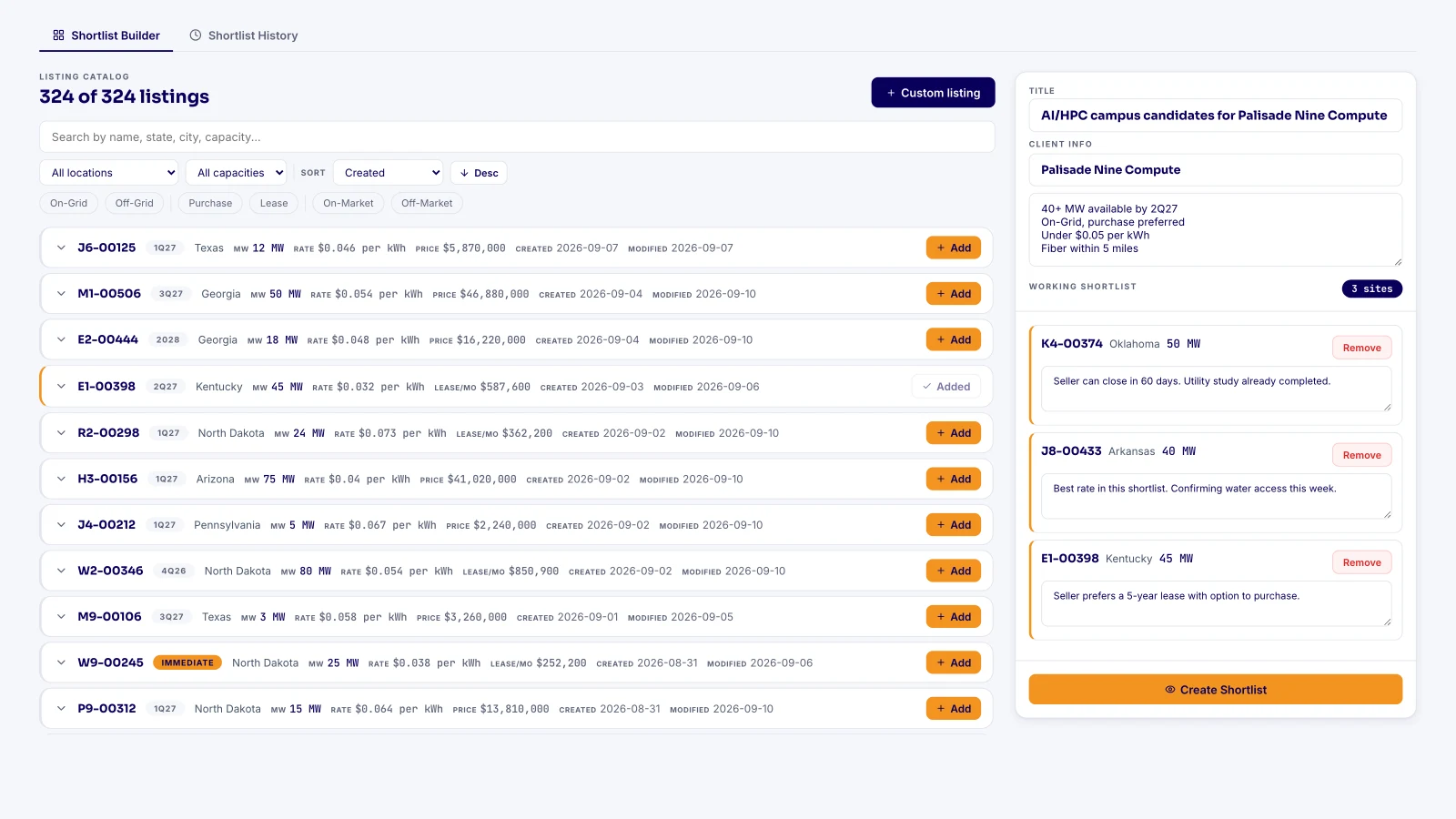 Broker building a shortlist from the live site catalog