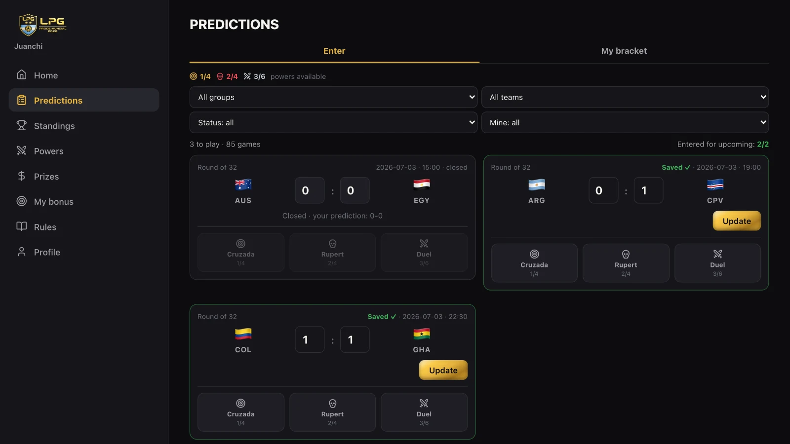 Prediction screen with two open matches, power card buttons and one locked match