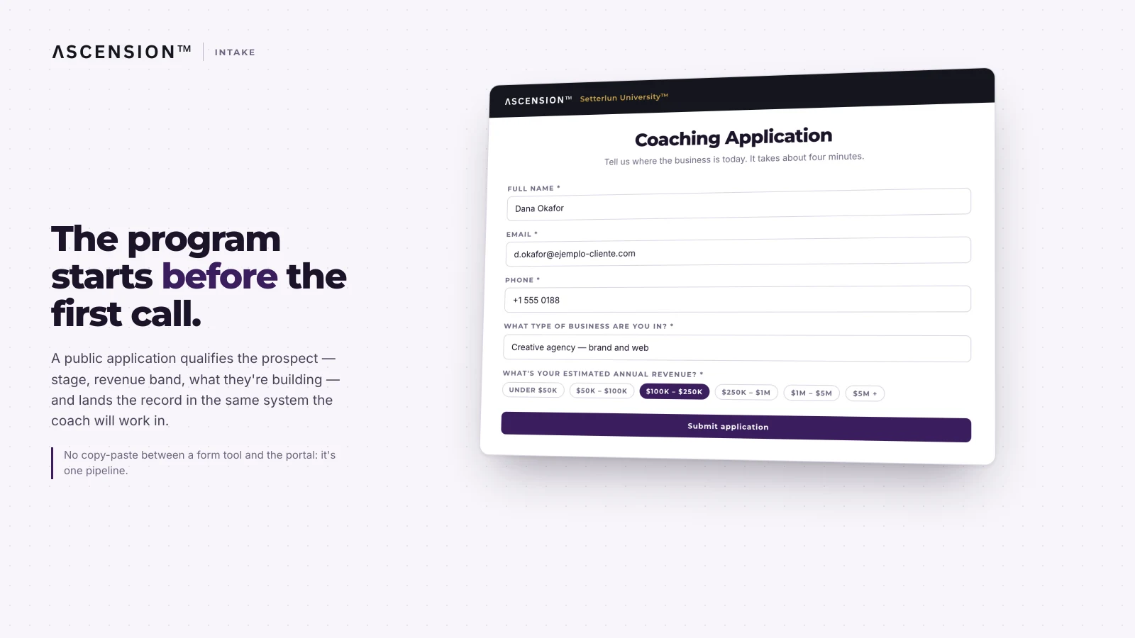 Public coaching application form with contact fields and revenue band options