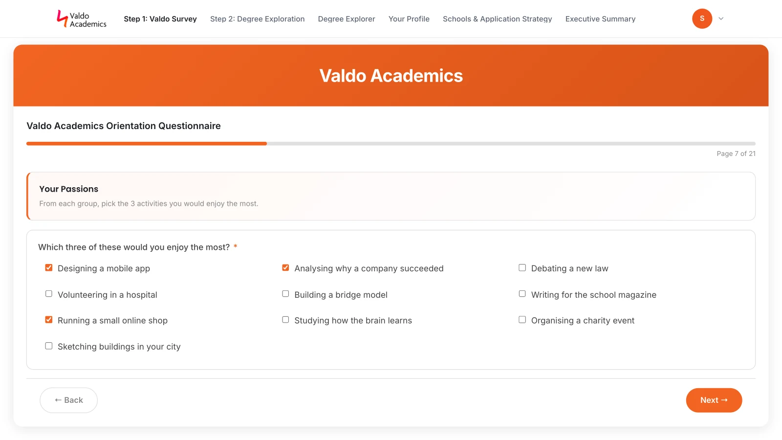 Orientation questionnaire inside the portal, page seven of twenty one, with a battery of options to choose from