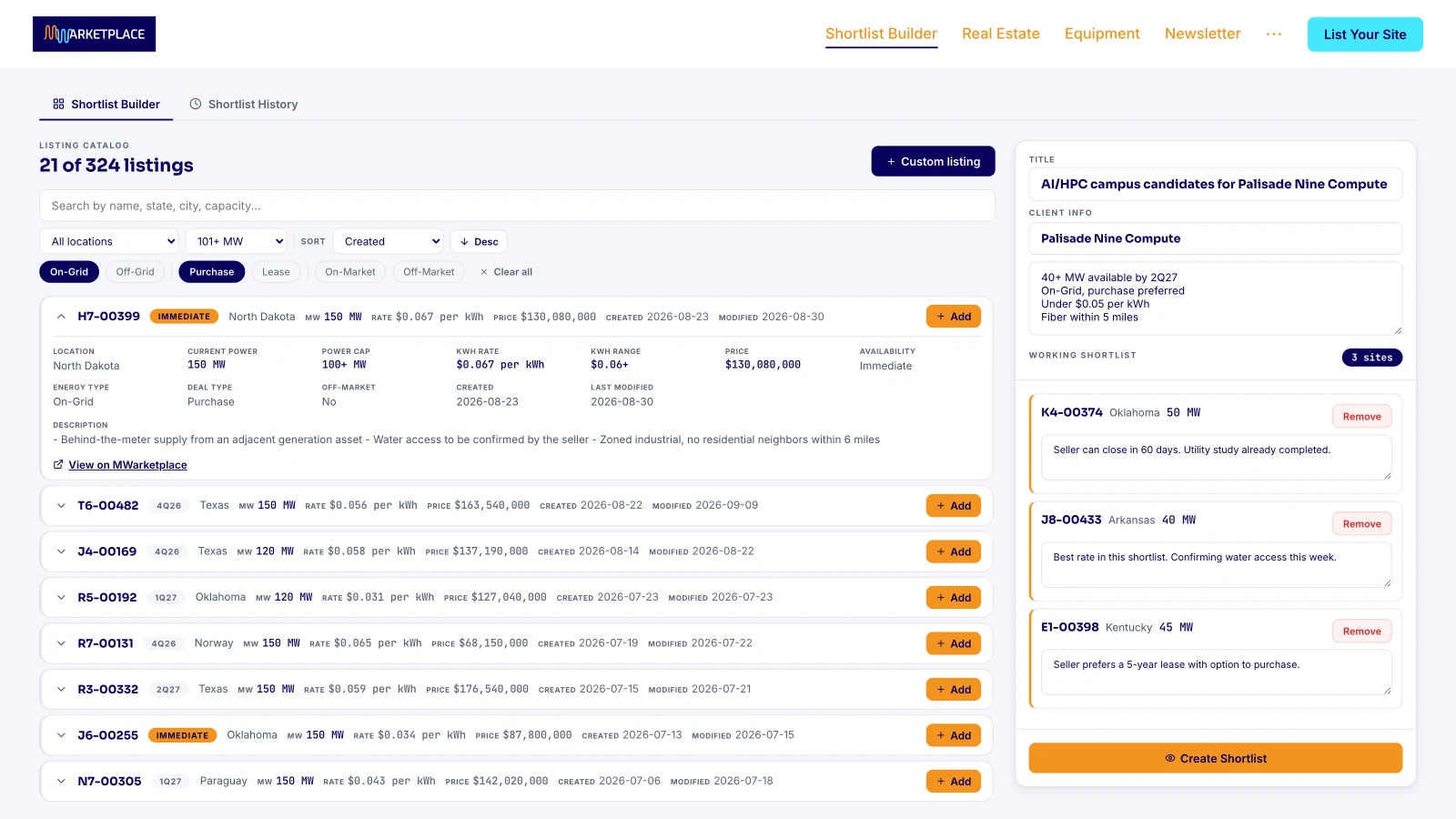 Catalog filtered by grid type, deal type and capacity, with one site expanded