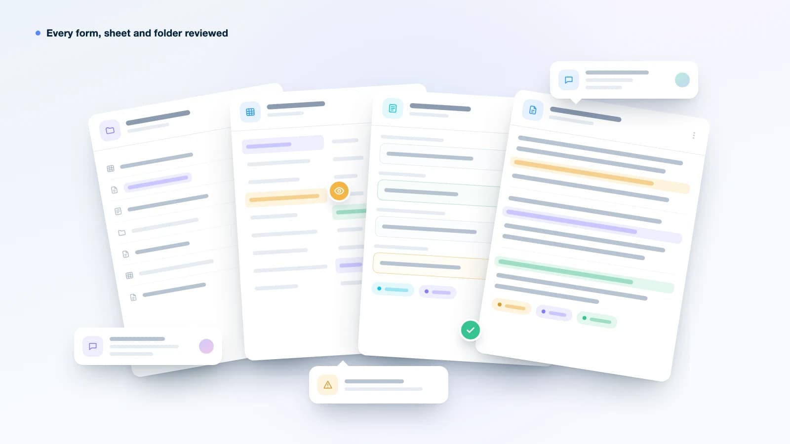 Illustration: forms, spreadsheets and folders under review, with highlights, comments and check marks
