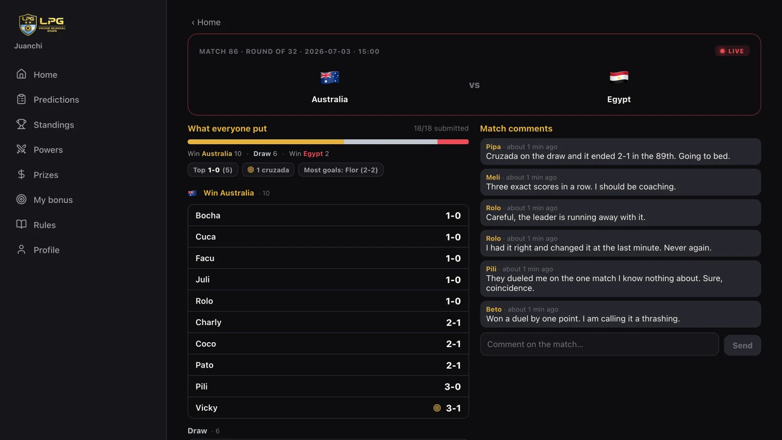 Live match screen showing every player's prediction and the match comments