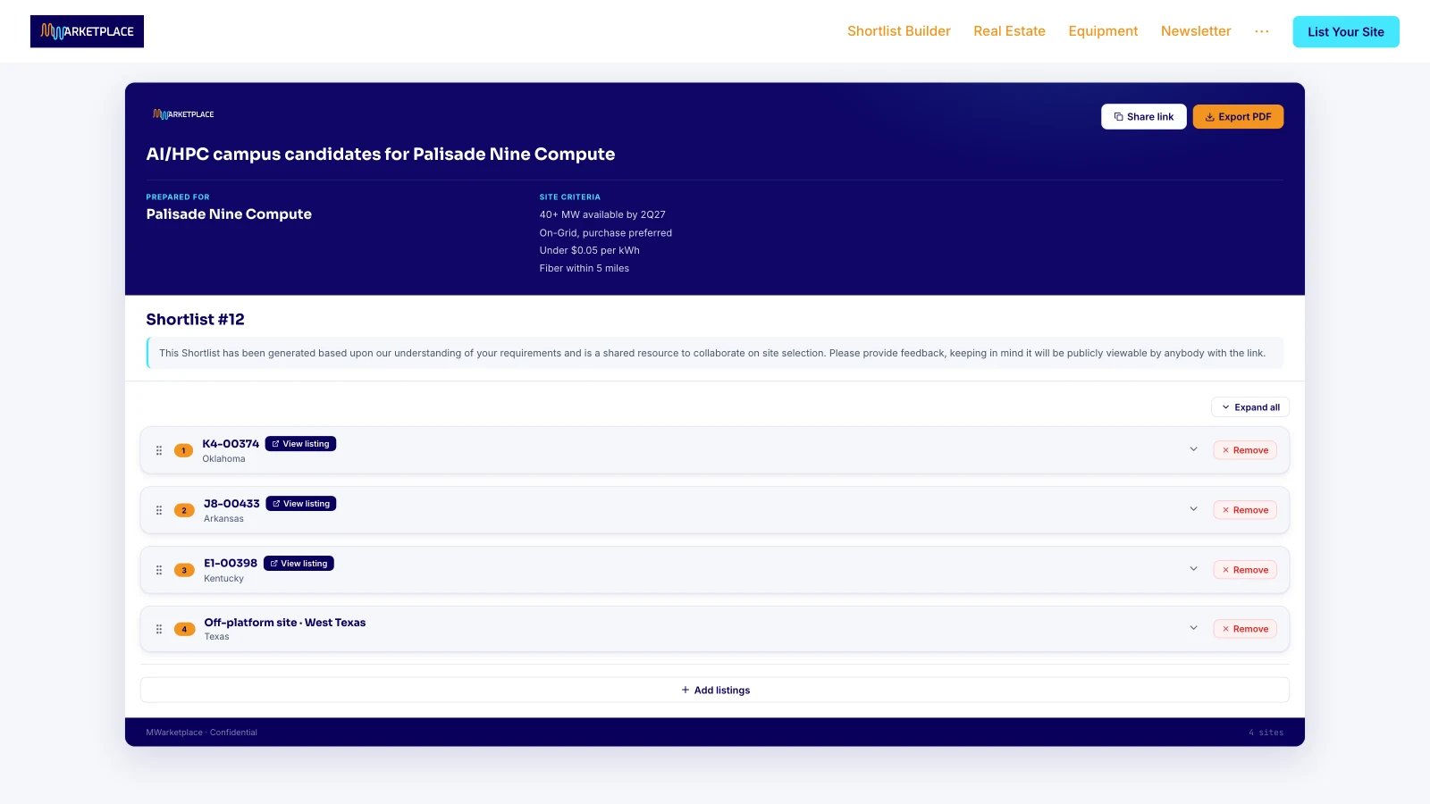 Broker view of a shared shortlist, with reordering, share link and PDF export
