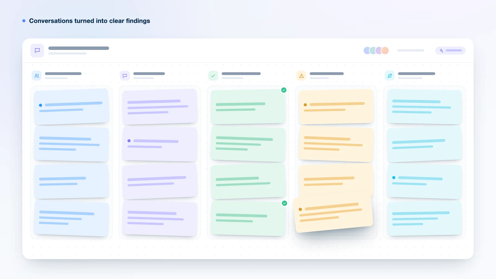 Illustration: interview notes grouped into clusters of findings on a board