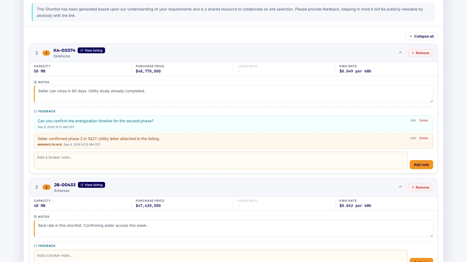 Client feedback on a site answered by the broker in the same thread