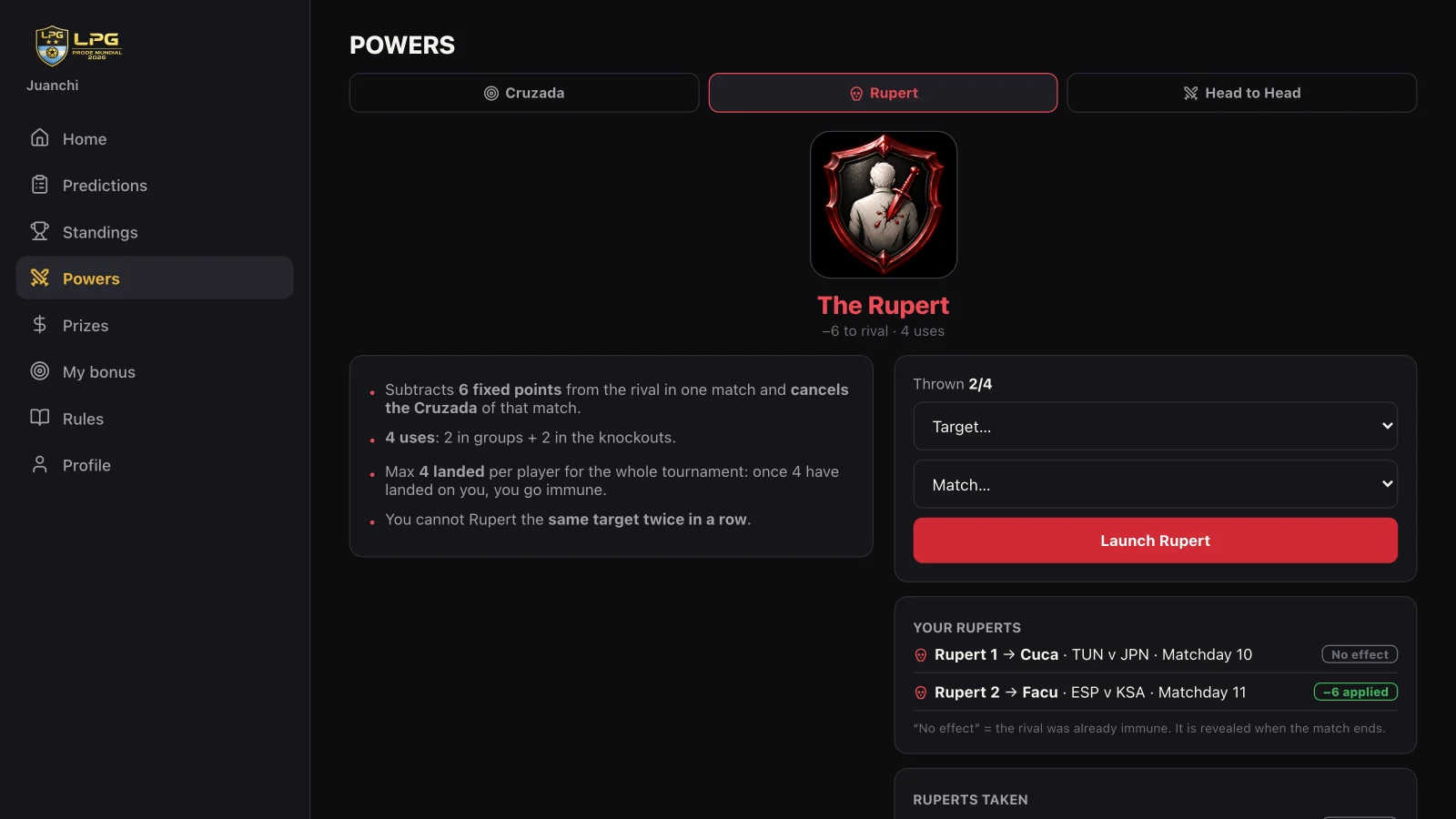 The Rupert power card with its rules, uses left and the history of cards thrown
