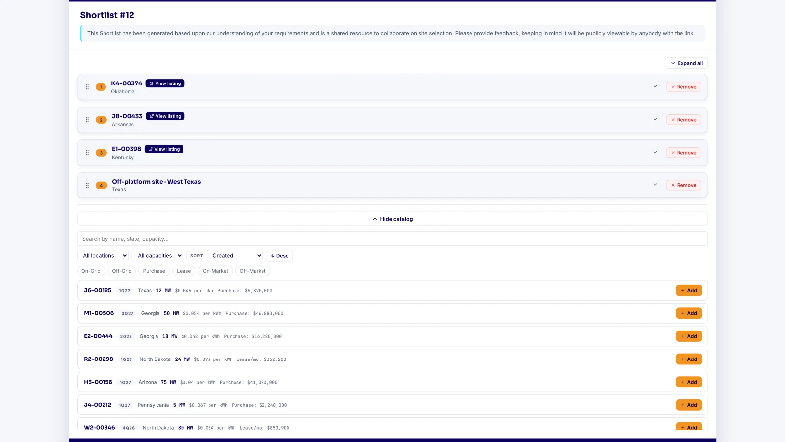 Adding sites from the live catalog to a shortlist already shared