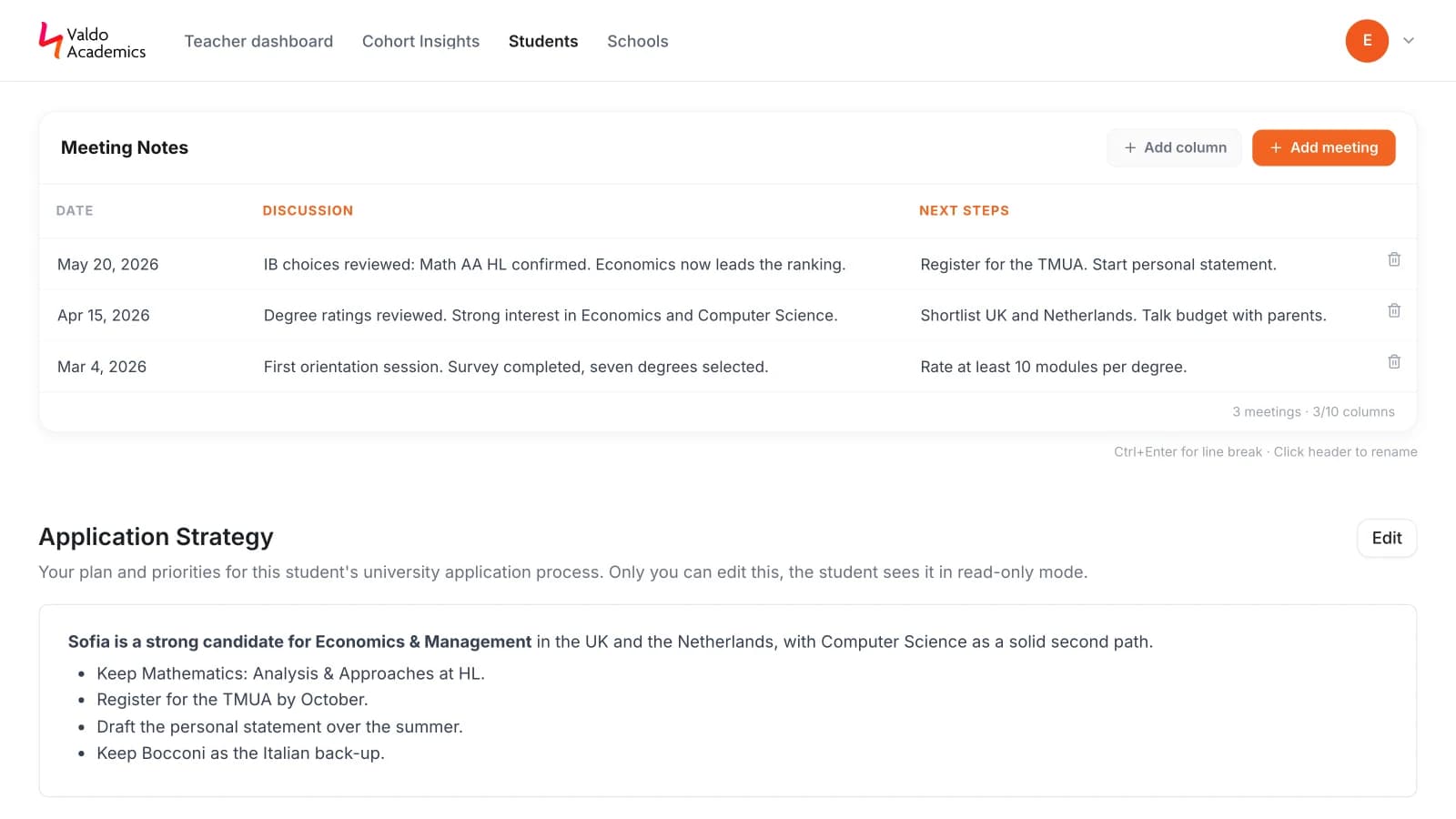 Counsellor page with an editable meeting notes table and the student's application strategy