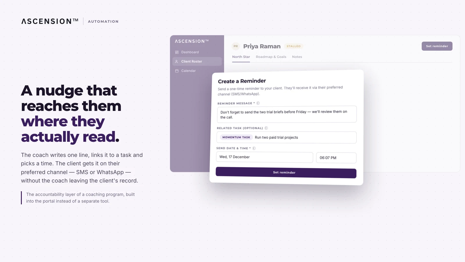 Create a Reminder dialog for sending a one-time message to a client's preferred channel