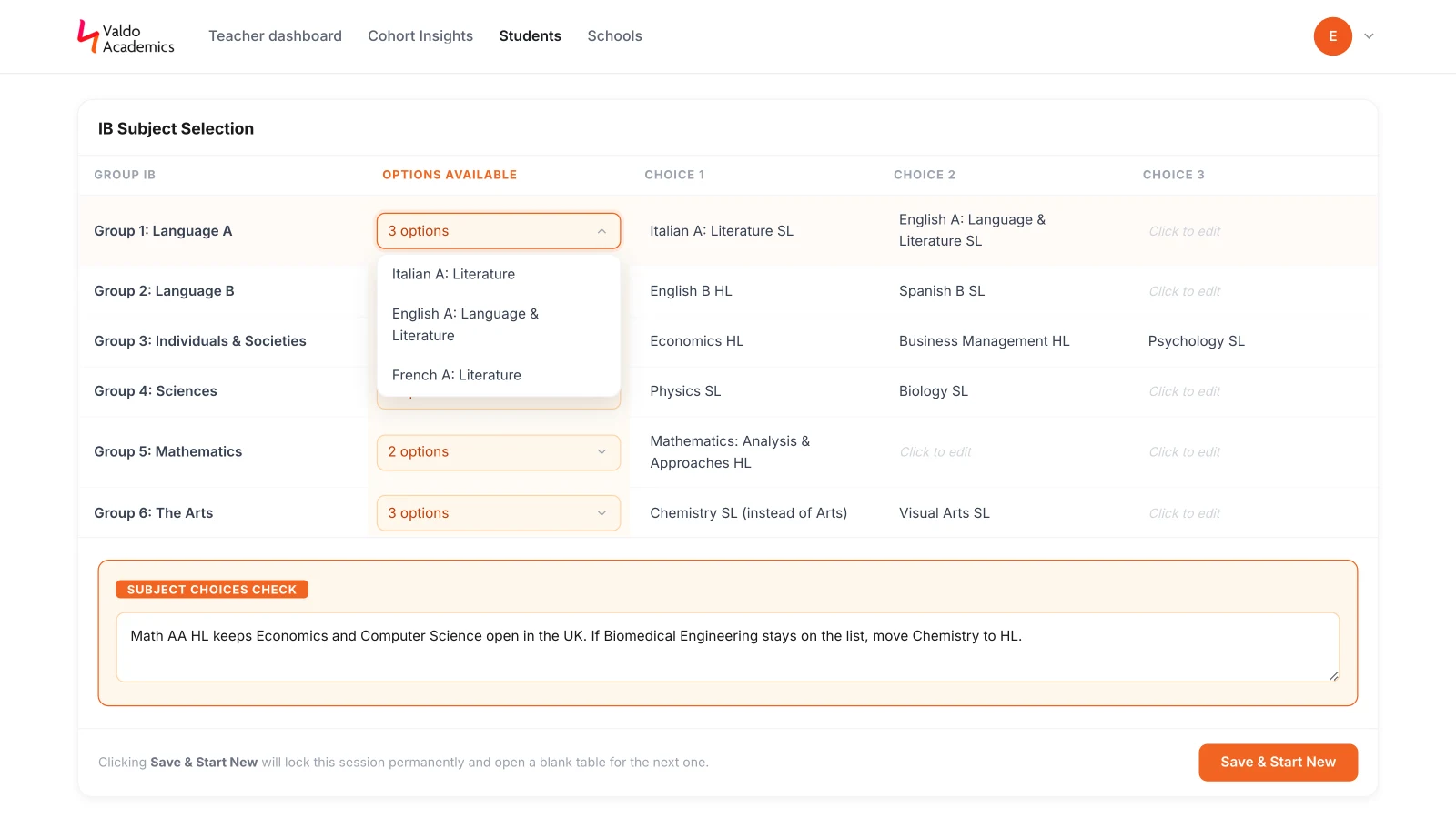 IB subject check comparing the six subject groups, the subjects the school offers and the student's choices