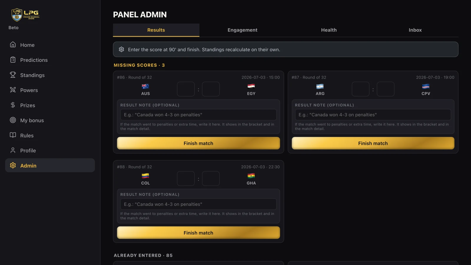 Admin panel entering the score of a match, with 85 matches already entered