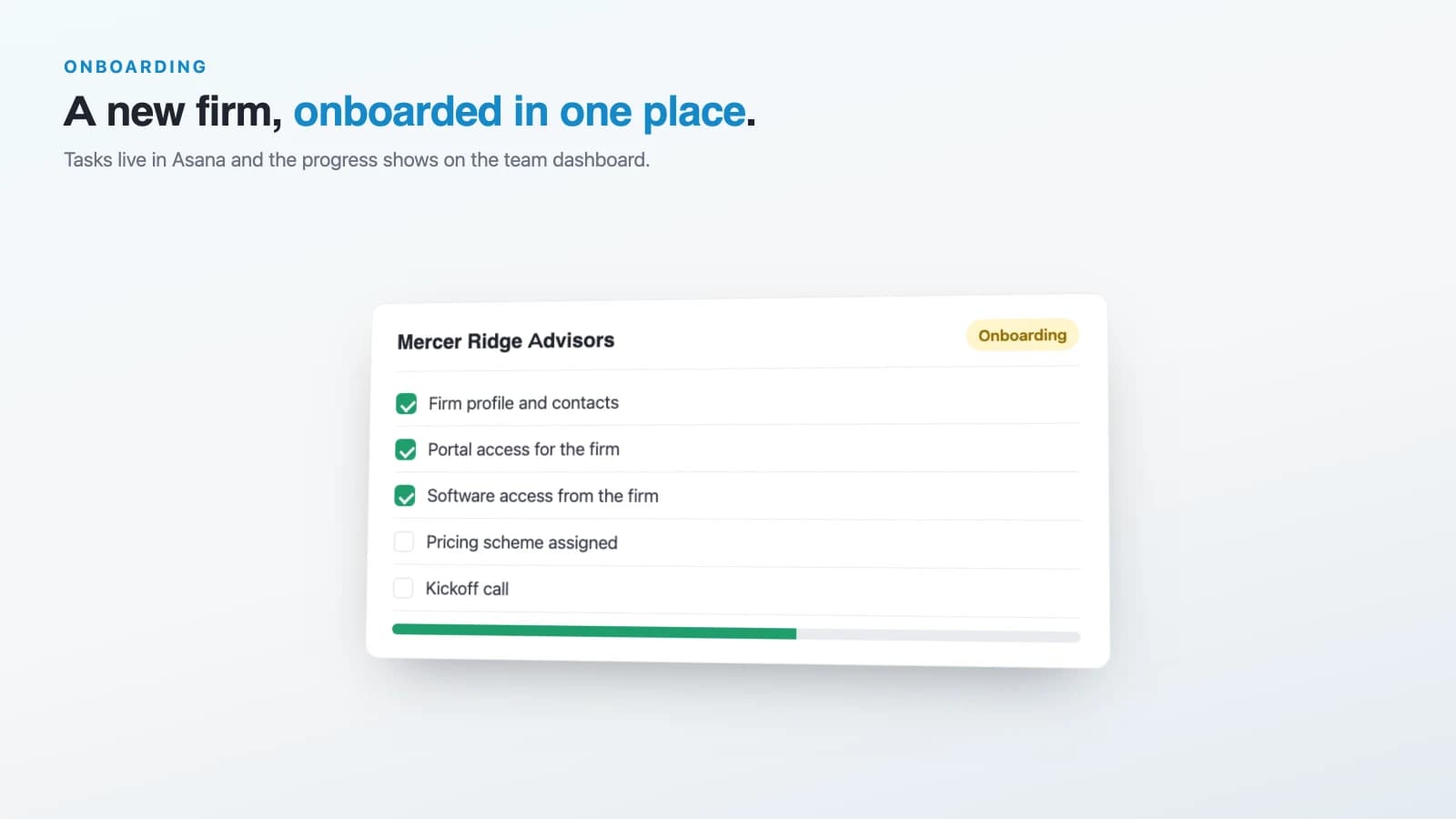 Onboarding checklist for a new CPA firm, synced with Asana