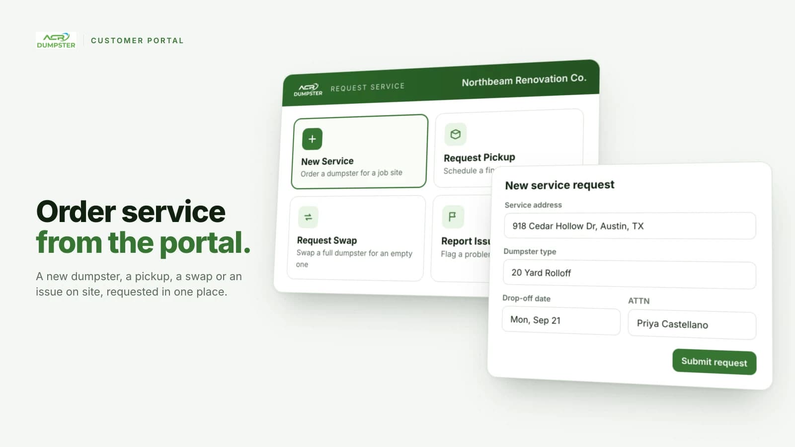 Customer portal components for requesting service: new service, pickup, swap and report issue options, and a new service request form