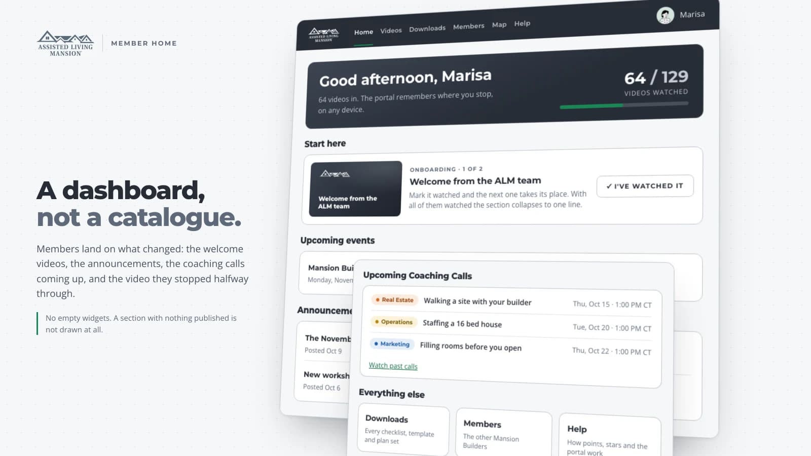ALM member dashboard with the welcome video, the announcements, the coaching calls coming up with a colour per track, and the doors to downloads, members and help