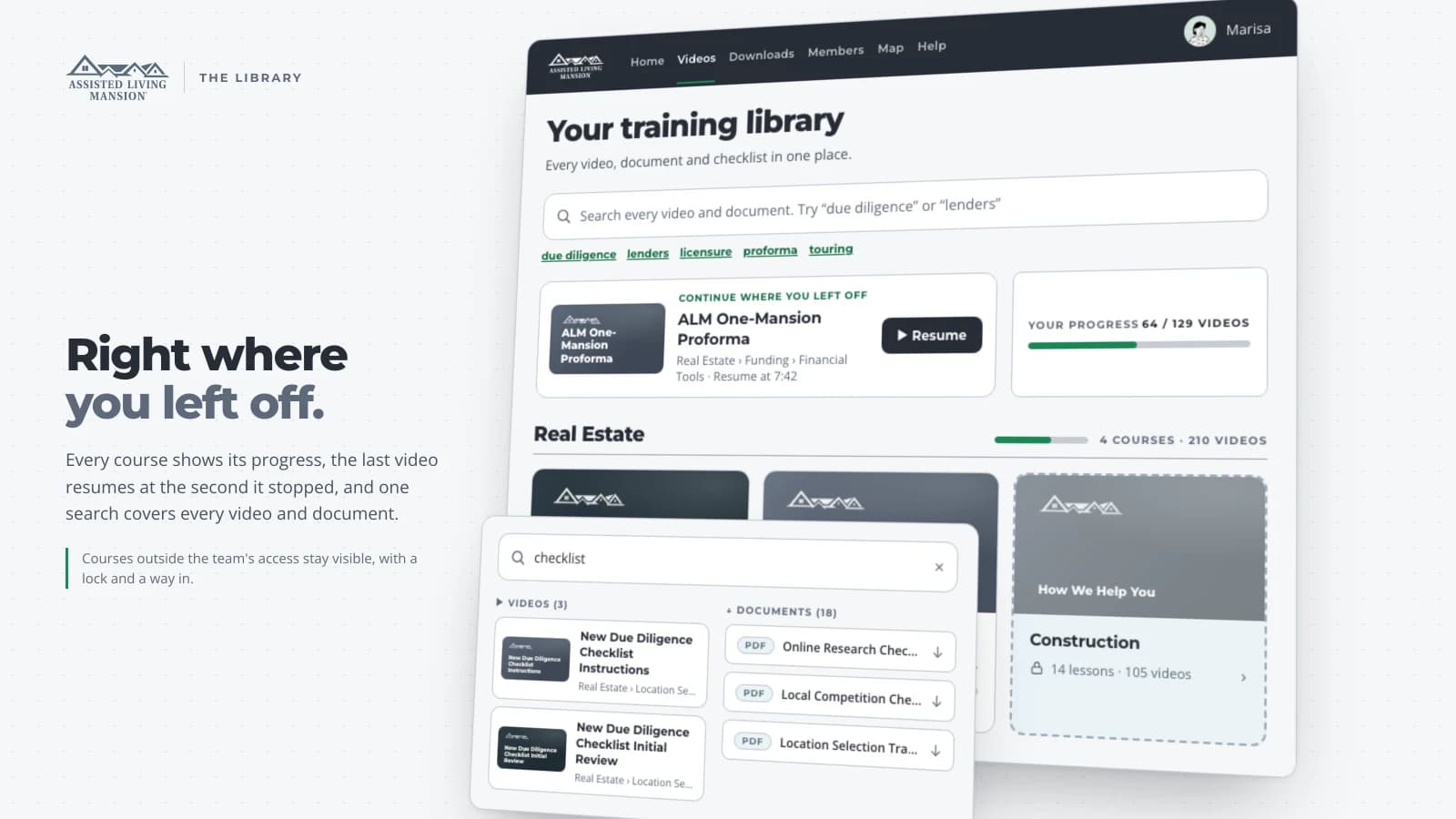 ALM training library with continue where you left off, course cards with progress, a locked course and a search across videos and documents