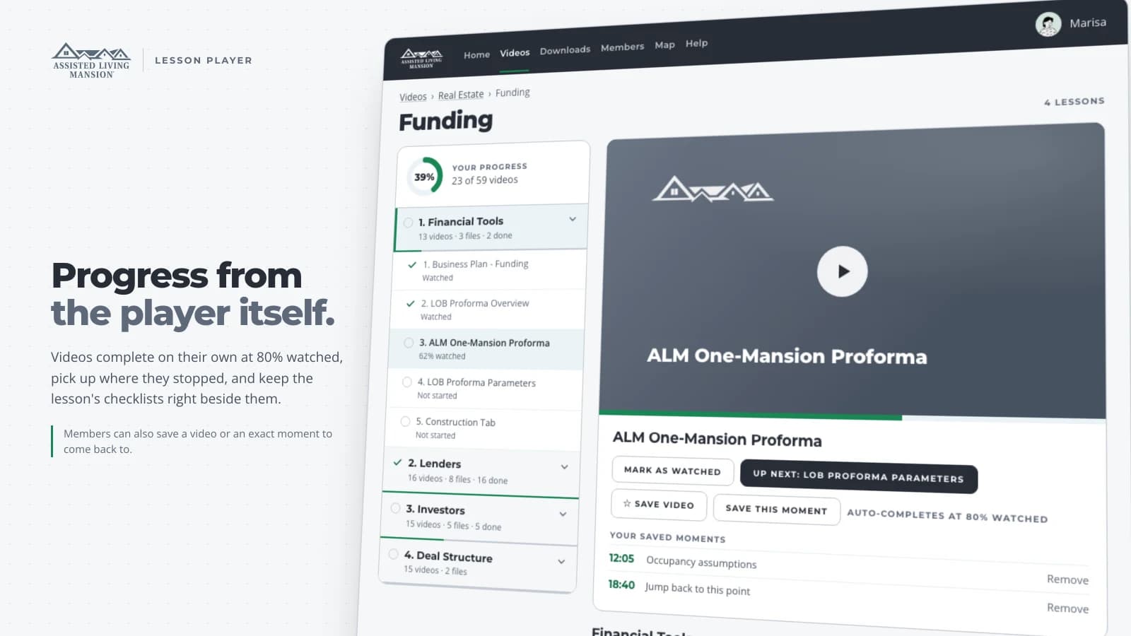 ALM lesson player with the chapter rail, the progress bar and the documents that belong to the lesson