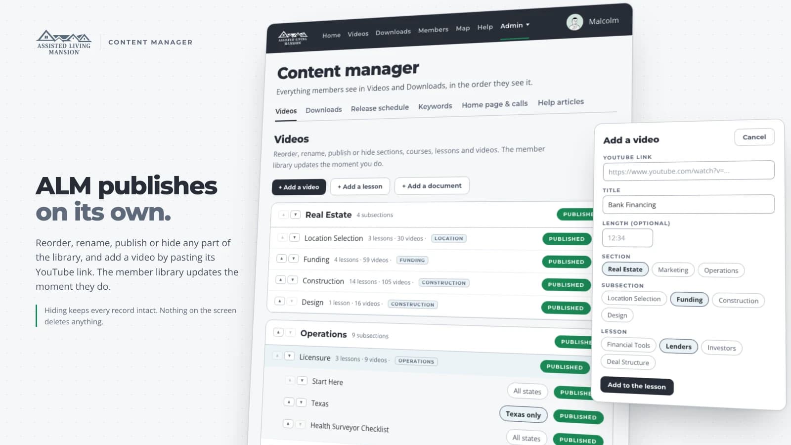 ALM content manager with the library tree and the form that adds a video from a YouTube link