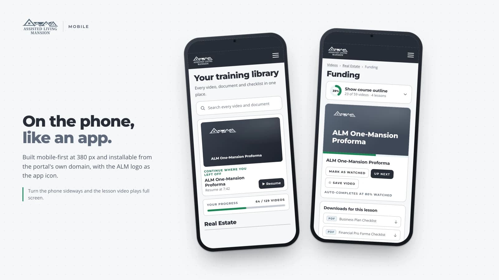The ALM portal on two phones, showing the training library and a lesson