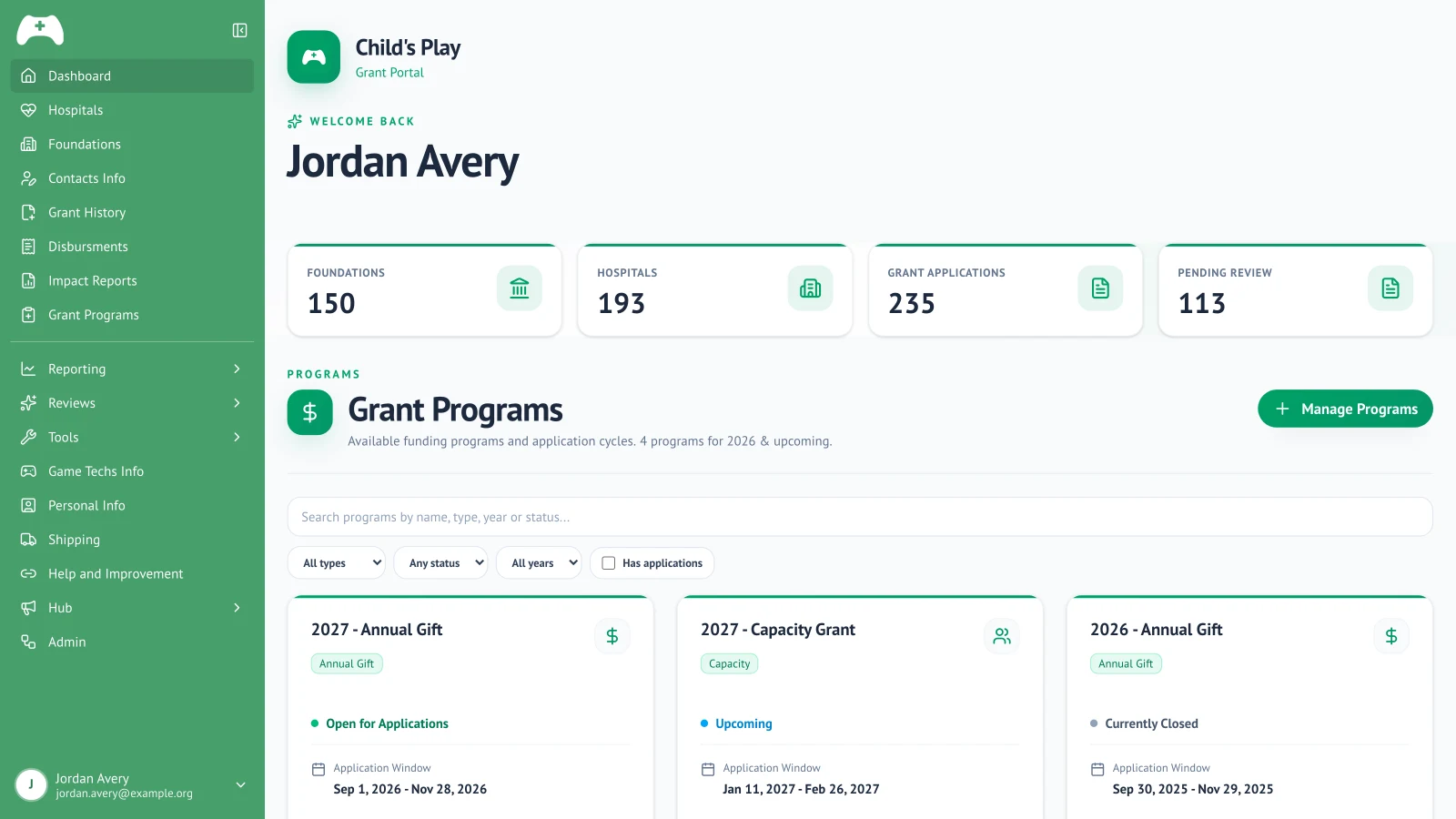 Child's Play Gifts and Grants Portal built by Base Flows