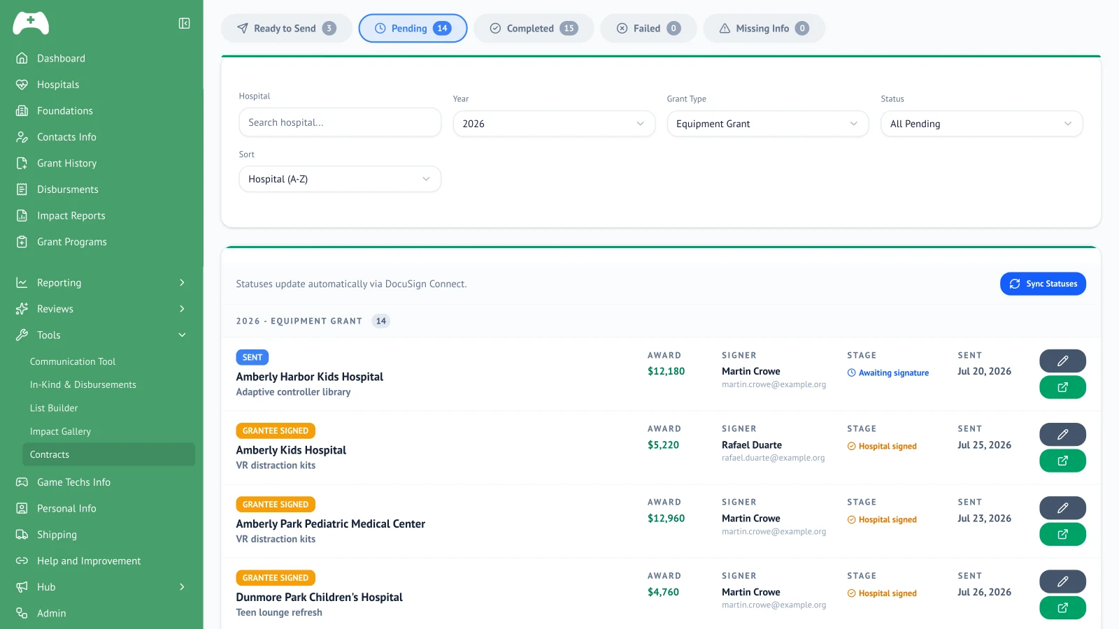 Contracts board with DocuSign grant agreements by stage, award, signer and sent date