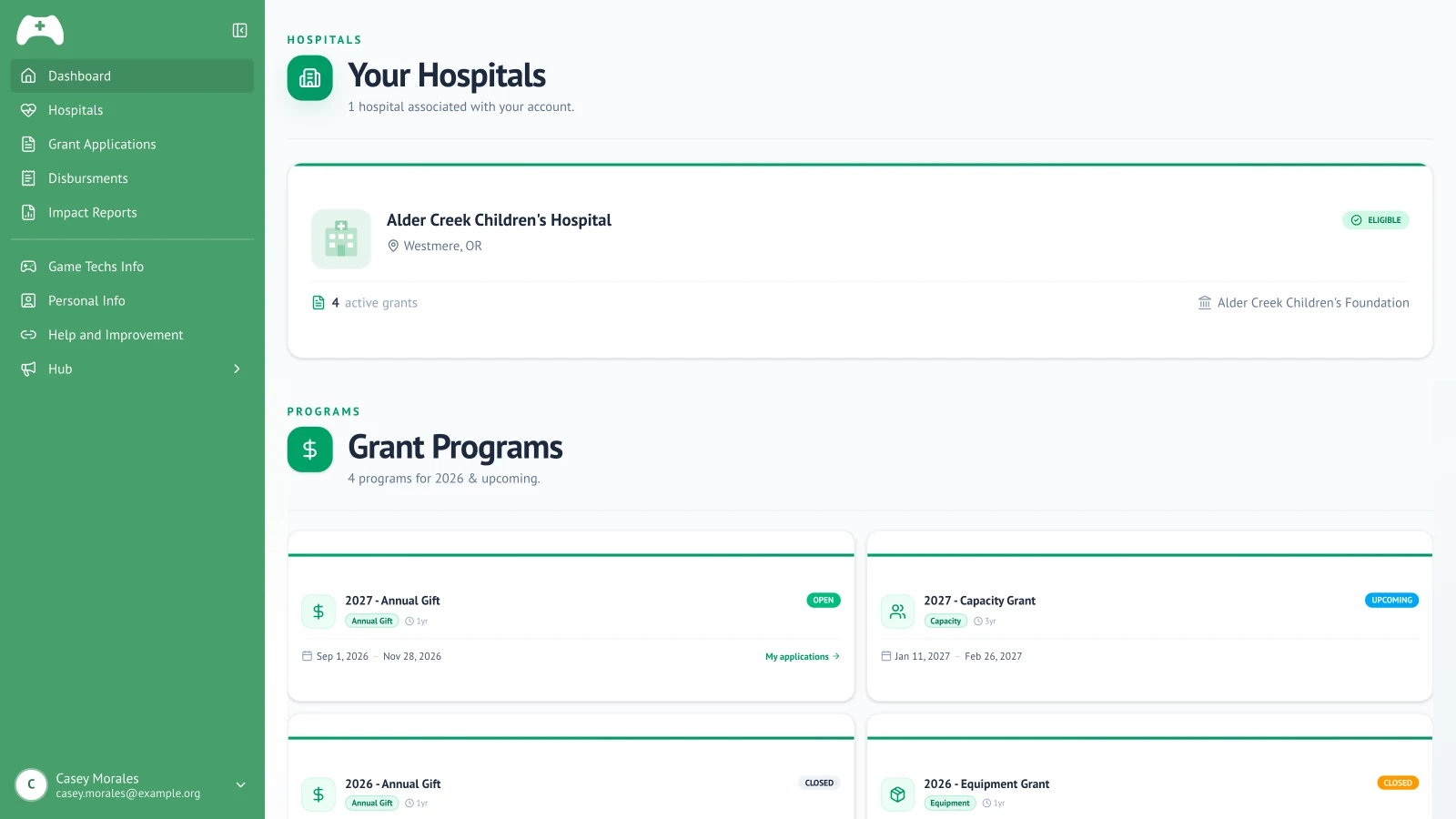 Hospital view of the portal with an eligible hospital card and the open and upcoming grant programs