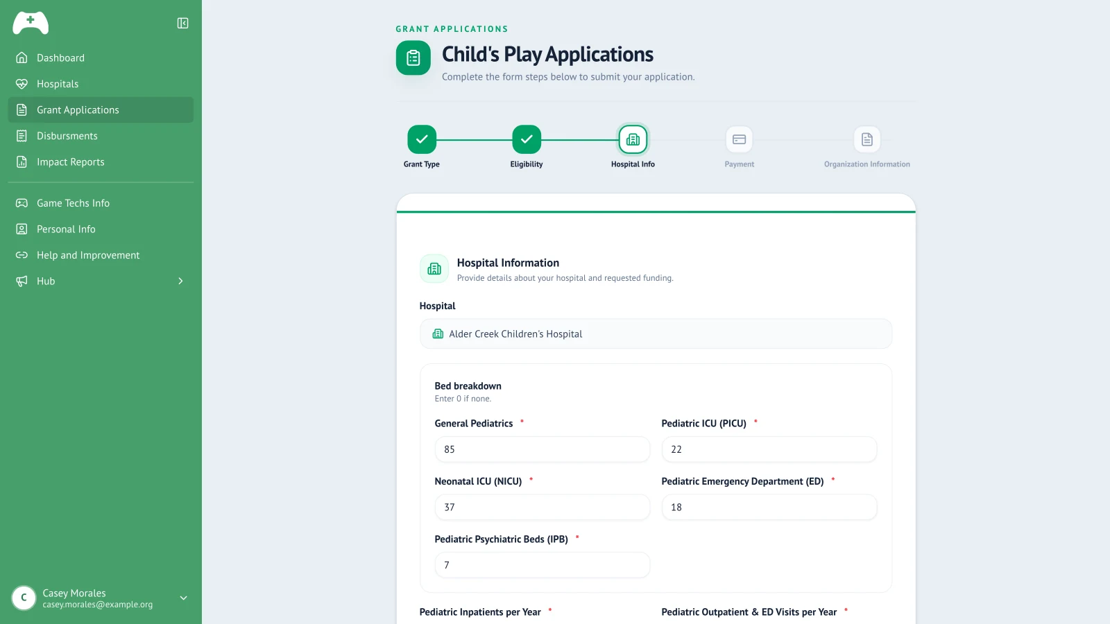 Grant application step with hospital information and bed breakdown already filled in