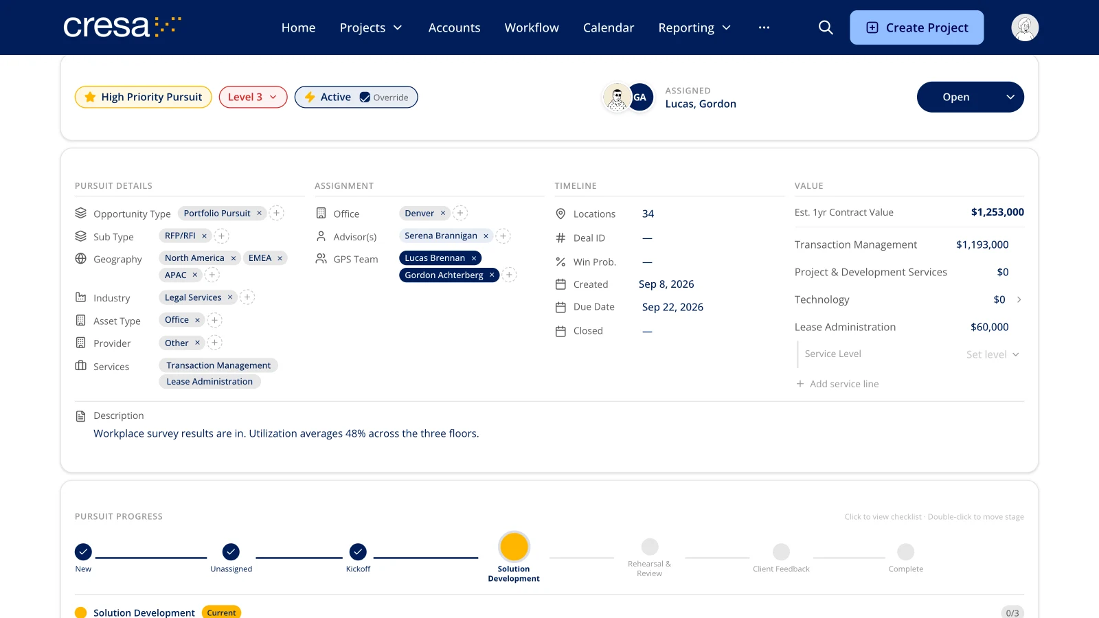 Pursuit detail with opportunity details, assignment, timeline, value by service line and the pursuit progress stages