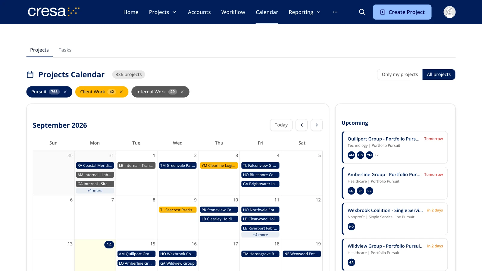 Projects calendar for September with pursuits, client work and internal work, and an upcoming list