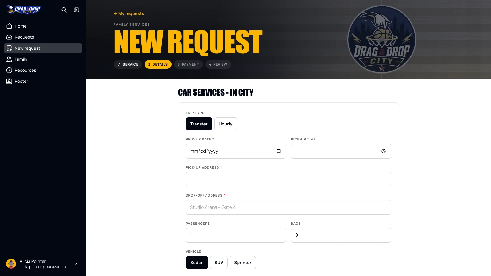 Guided request flow on the car service step, with trip type, pick-up details, passengers and vehicle