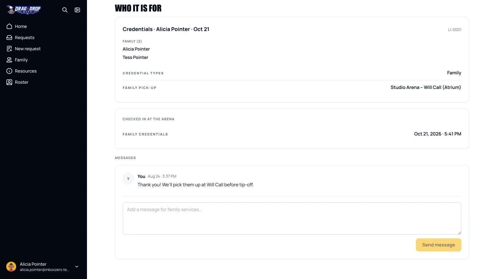 Credentials request with the family pick-up list, arena check-in time and a message thread with family services