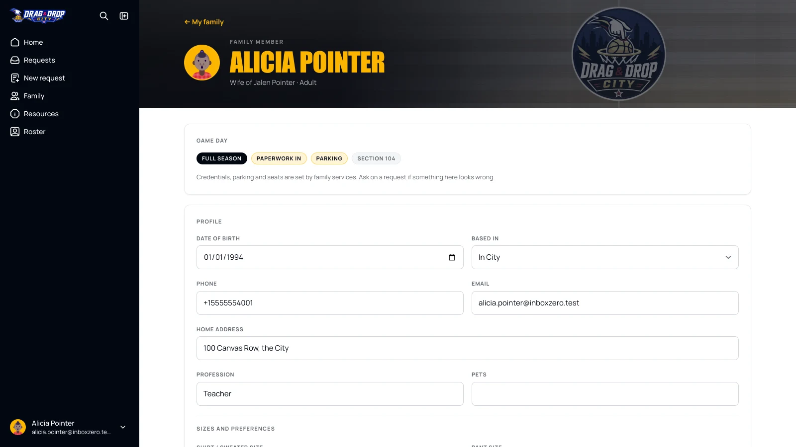 Family member profile with game-day credential status, contact details and sizes
