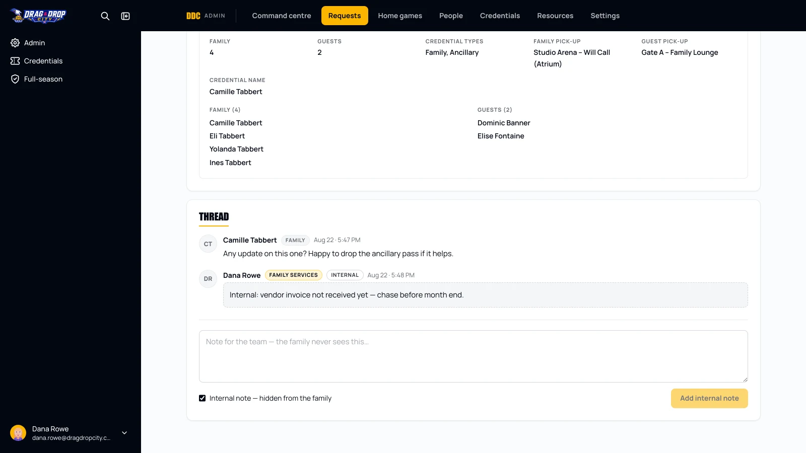 Request detail for staff with line items and an internal note hidden from the family