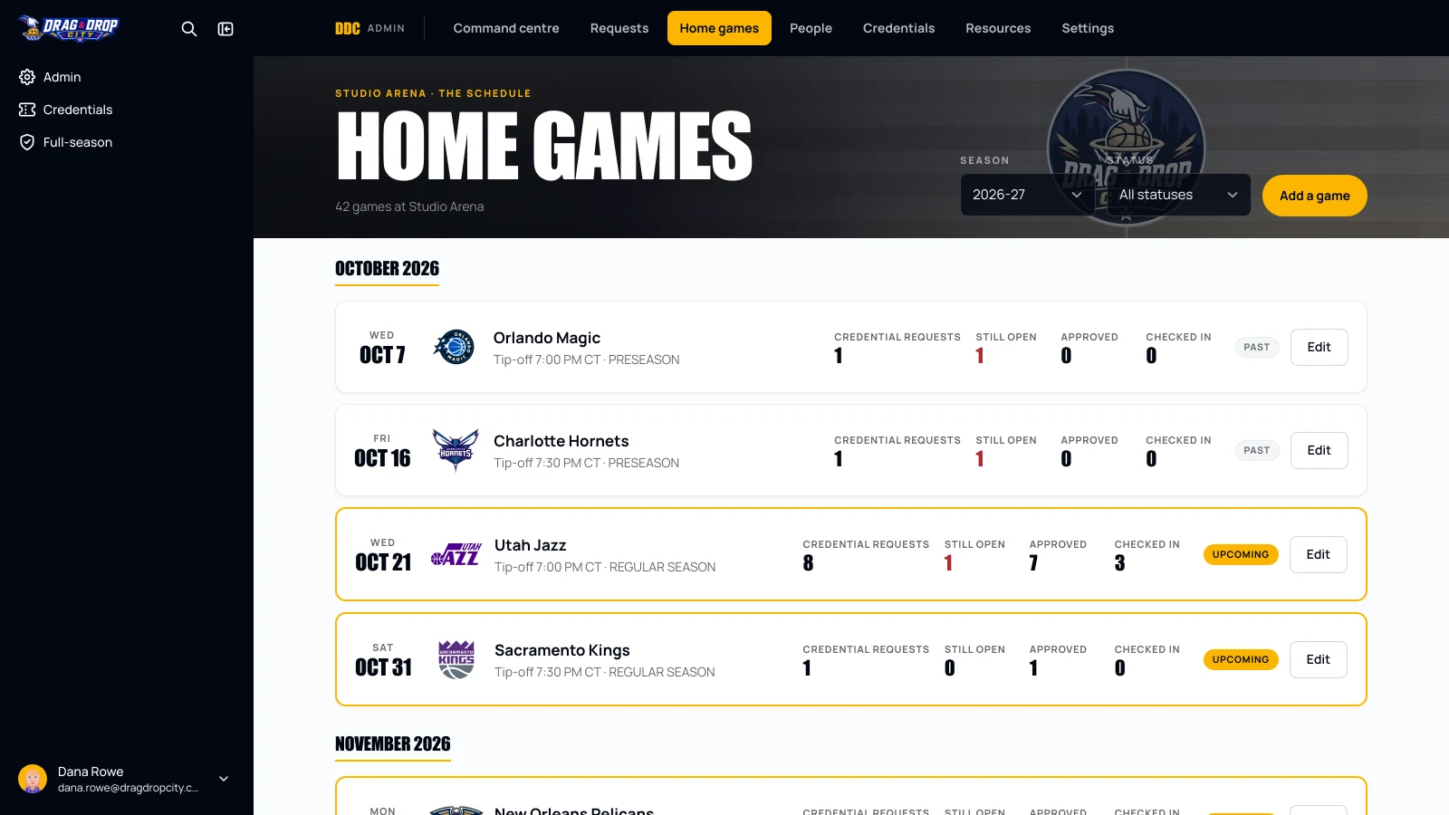 Season schedule by month with opponent logos, credential requests, approvals and check-ins per game