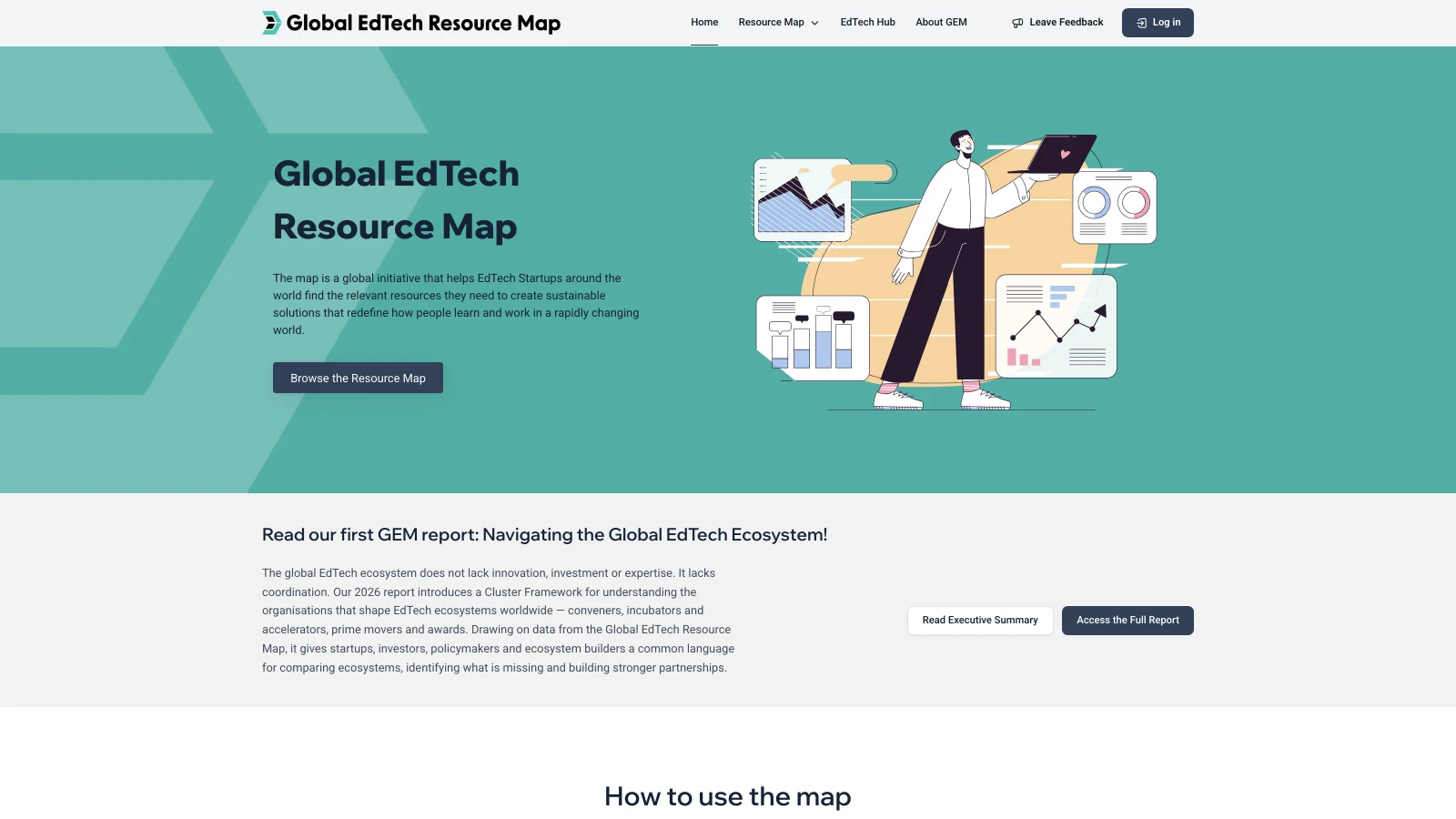Home page of the Global EdTech Resource Map with the hero, a Browse the Resource Map button and a banner for the first GEM report on the global EdTech ecosystem