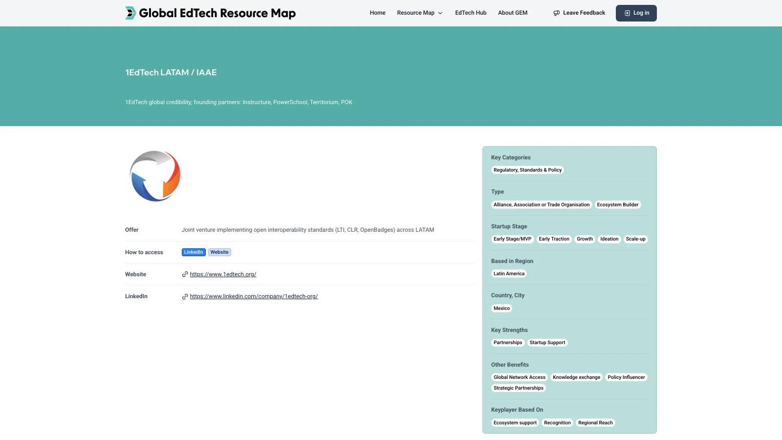 Organization profile for 1EdTech LATAM with its offer, how to access it, website and LinkedIn links, and a panel with categories, type, startup stage, region and strengths