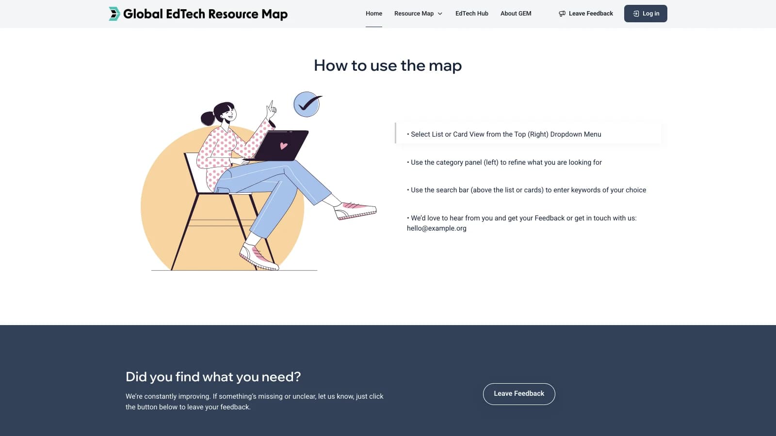 How to use the map section with an illustration and steps for switching views, filtering by category and searching by keyword