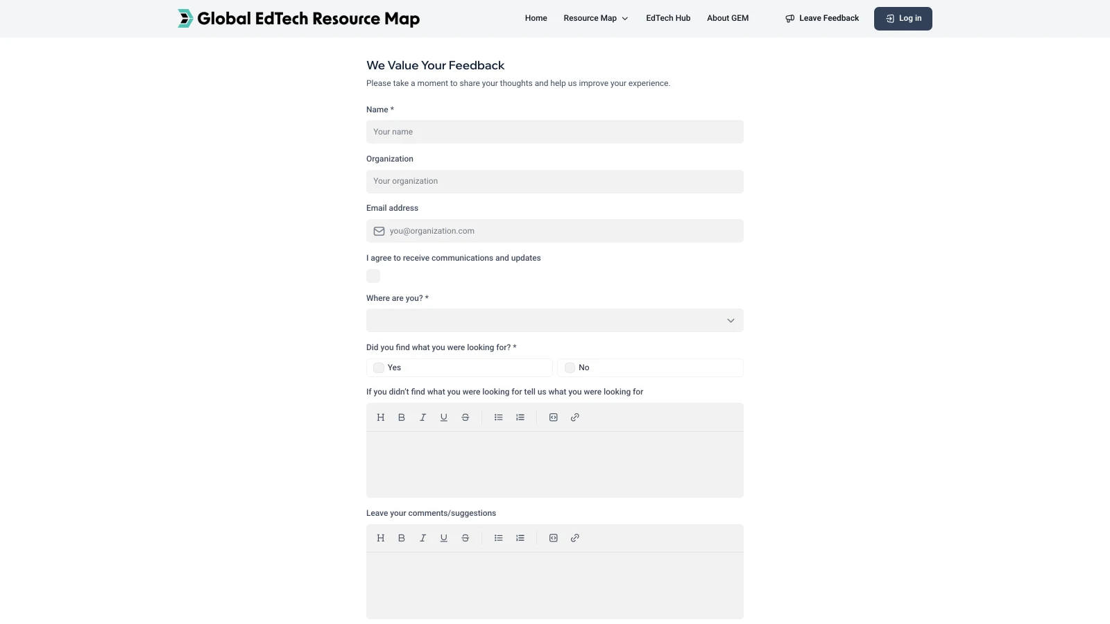 Feedback form asking visitors for their name, organization, email, location, whether they found what they needed and their suggestions