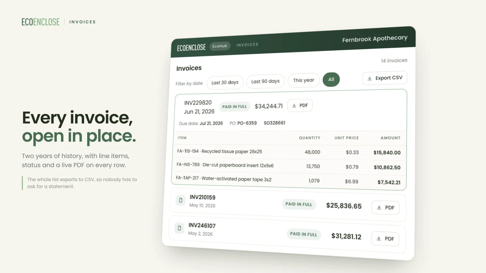 Invoice list with date filters and CSV export, one invoice expanded to show due date, purchase order, sales order and line items with quantities and amounts