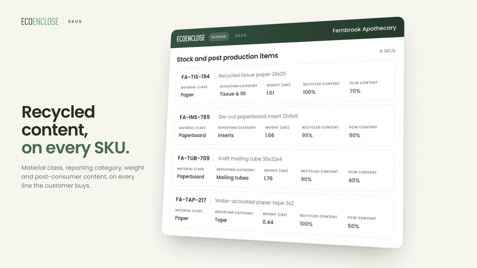 SKU specifications with material class, reporting category, weight, recycled content and post-consumer content for each item