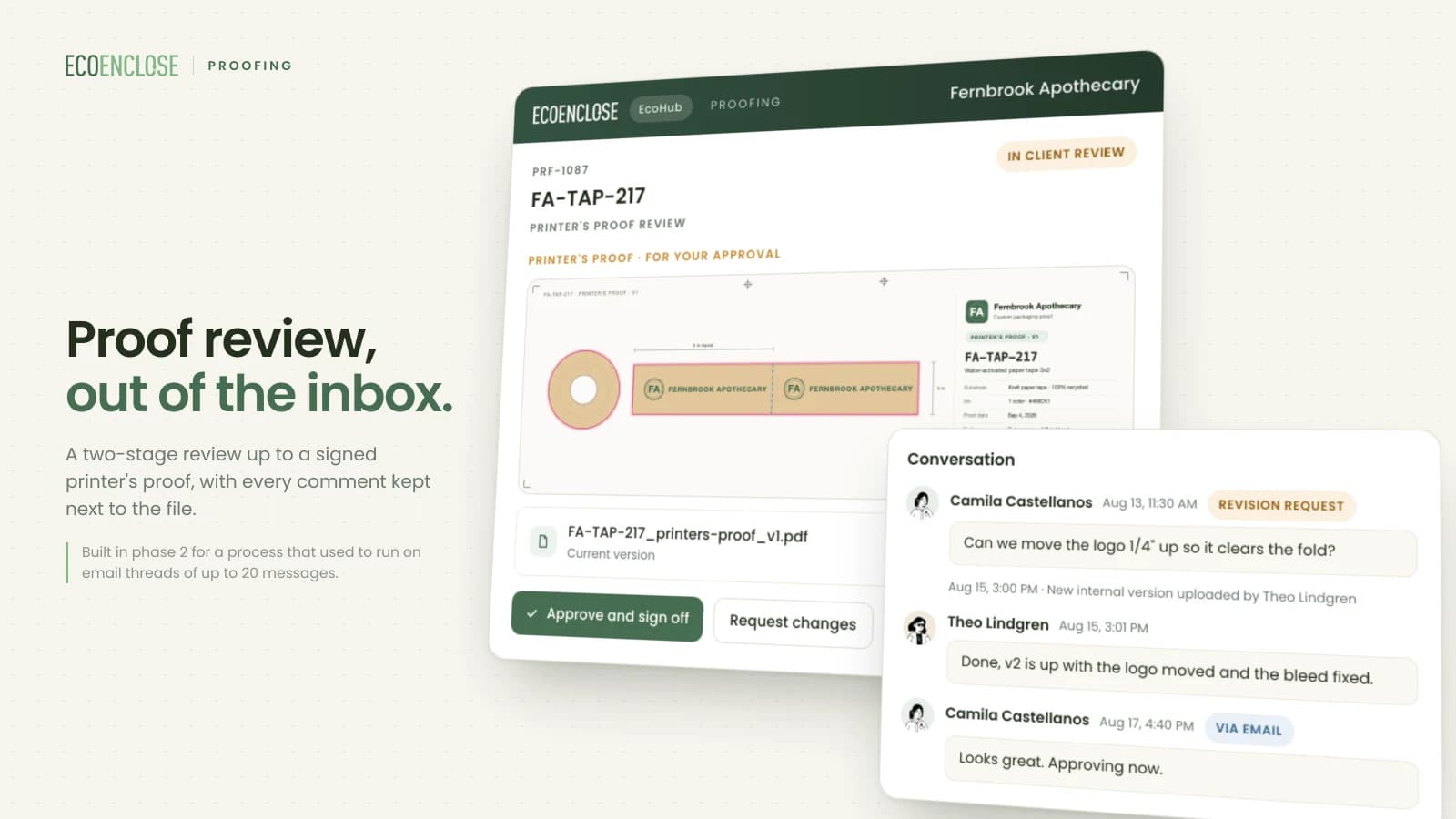 Proof review of a printer's proof with the dieline, approve and sign off and request changes buttons, and a comment thread that includes a reply received by email