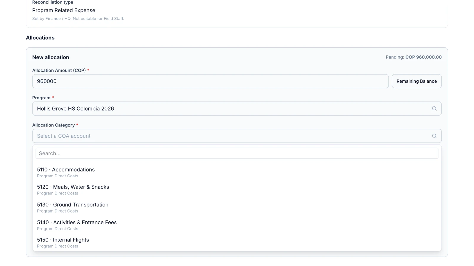 Allocation category dropdown open on the chart of accounts for program related expenses