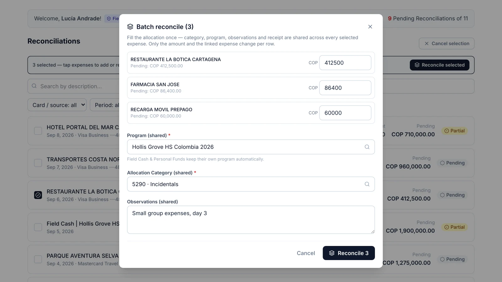 Batch reconcile dialog for three small expenses sharing one program, category and observation
