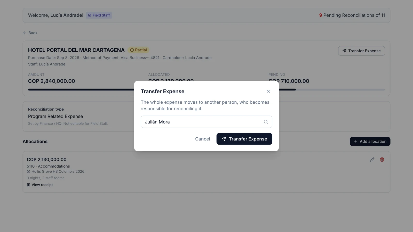 Transfer Expense dialog moving a hotel charge to another staff member