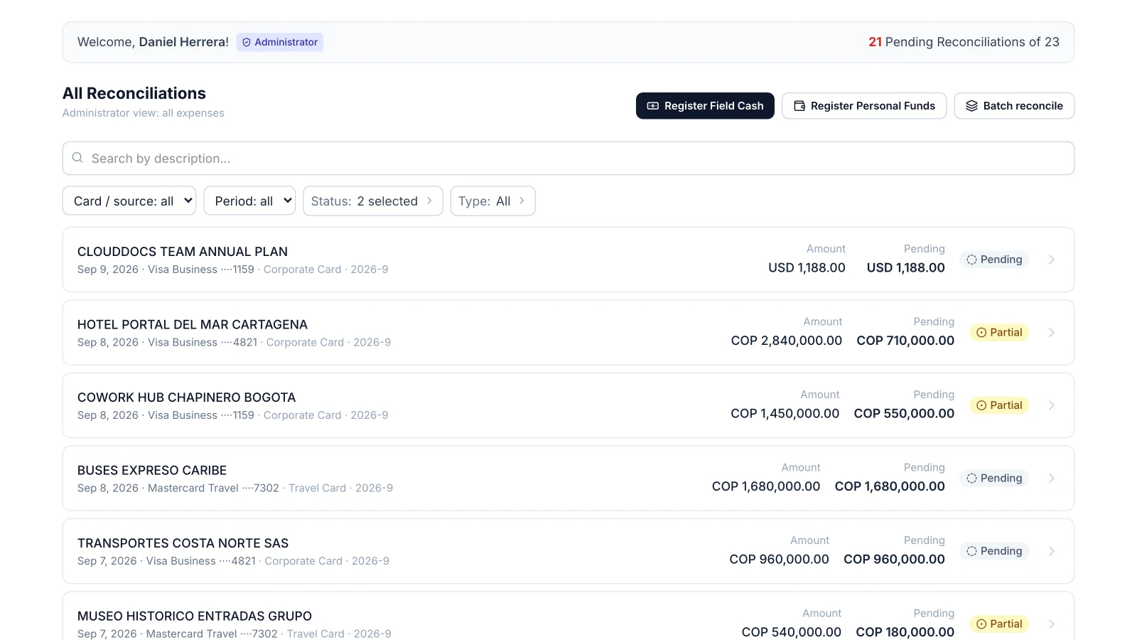 All Reconciliations administrator view listing every expense across the team with status and type filters