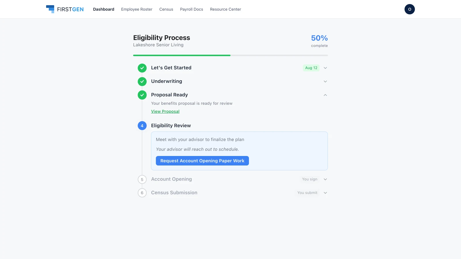 Employer onboarding timeline at 50 percent, with sign-up, underwriting and proposal complete and eligibility review in progress