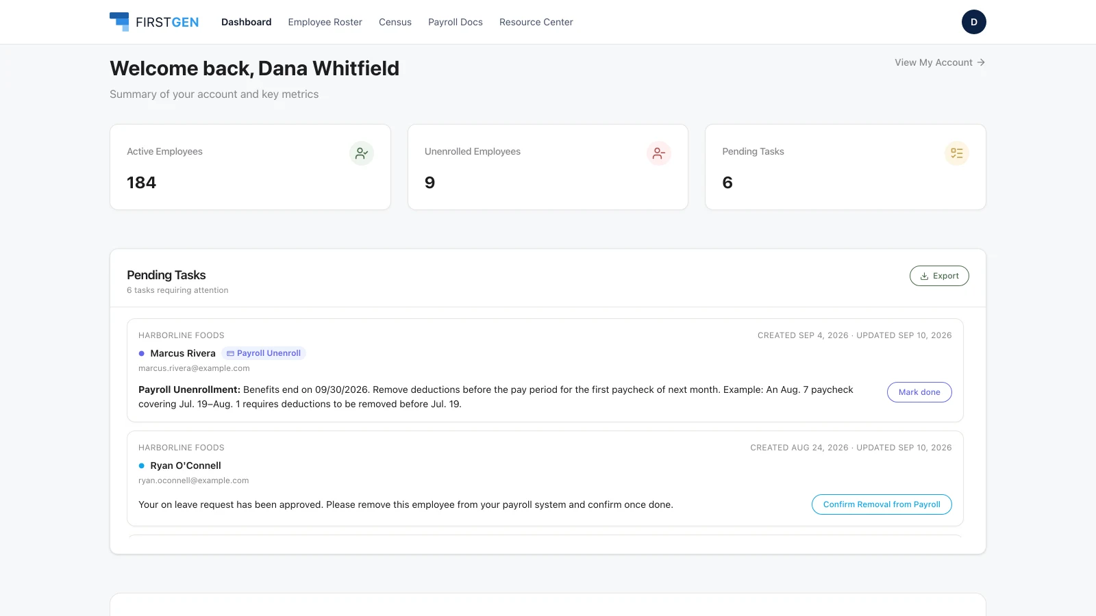 Employer dashboard with active and unenrolled employees, pending tasks and payroll actions to confirm
