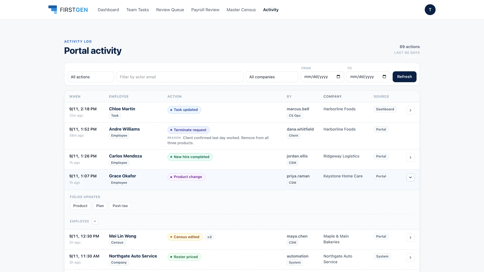 Portal activity log listing task updates, termination requests, new hires and product changes with who made each change