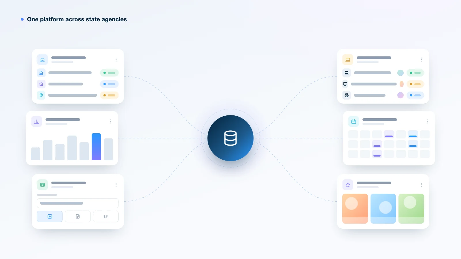 Illustration of six app screens for different state agencies connected to one shared database
